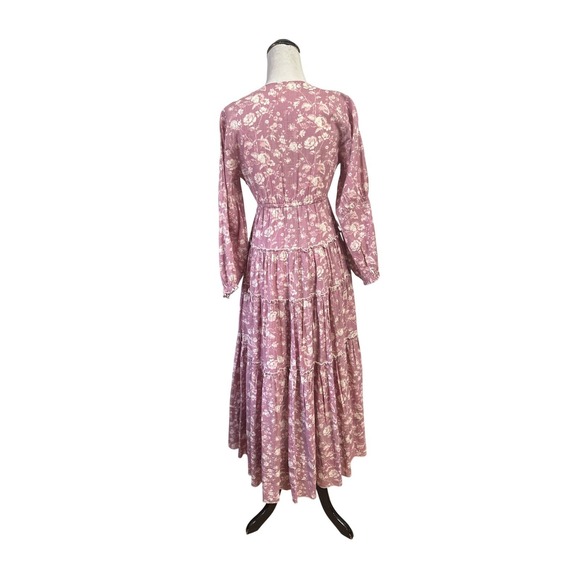 Free People Floral Tiered Maxi Duster Dress Mauve Boho V-Neck Cottagecore XS - Picture 6 of 16